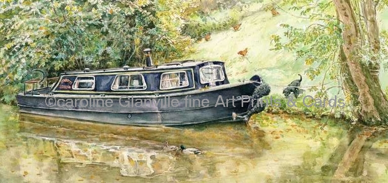 Narrow boat at end of garden painting by Caroline Glanville